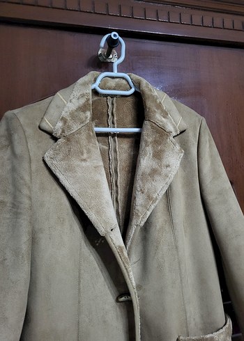 Kürklü Süet Bej Kadın Uzun Kaban - Görsel 5