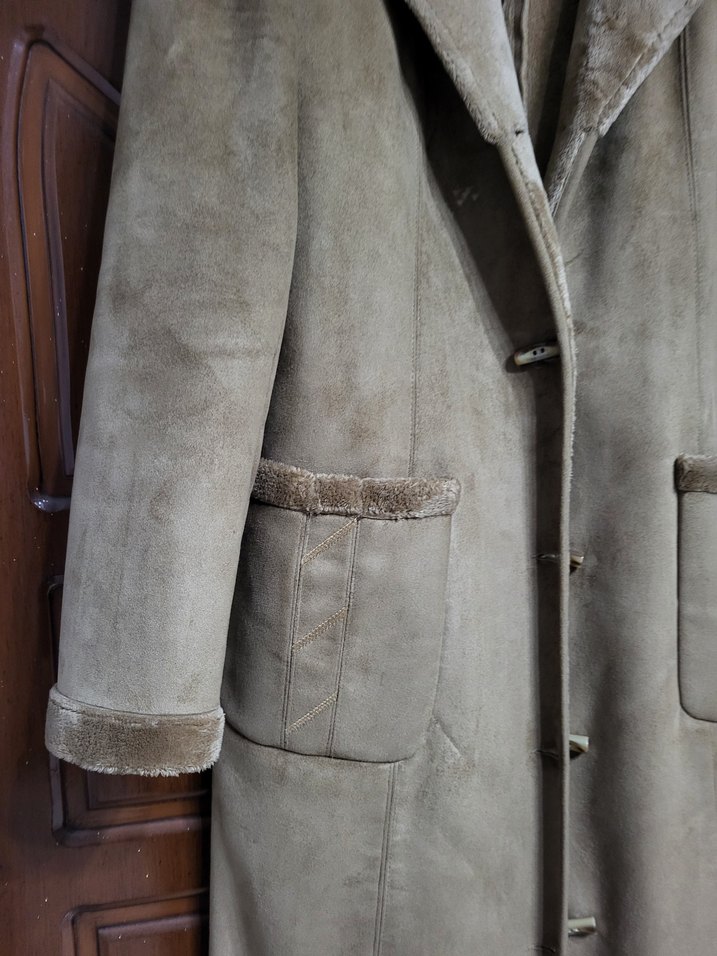 Kürklü Süet Bej Kadın Uzun Kaban - Görsel 4