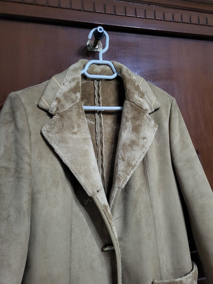 Kürklü Süet Bej Kadın Uzun Kaban - Görsel 5