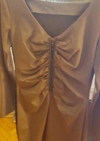 Kahverengi Uzun Kollu Drapeli Kadın Elbise - Görsel 2