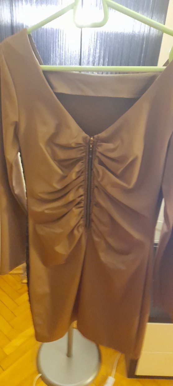 Kahverengi Uzun Kollu Drapeli Kadın Elbise - Görsel 2