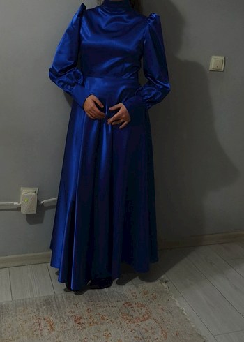 Kadın Mavi Uzun Kollu Saten Abiye Elbise - Görsel 3