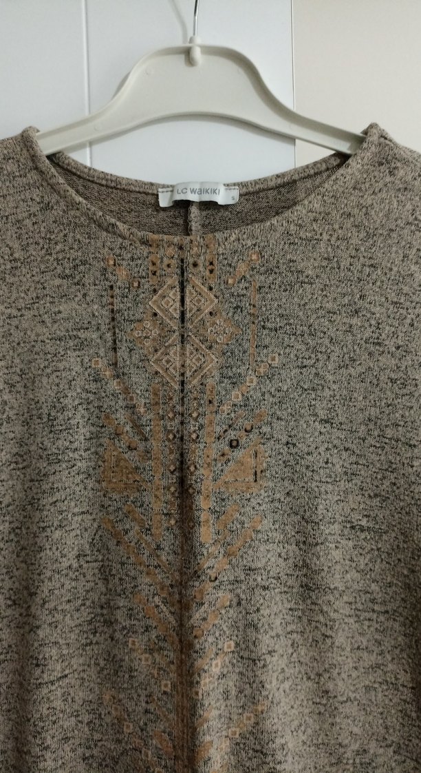 Nakışlı Bej Uzun Kollu Triko Elbise - Görsel 2