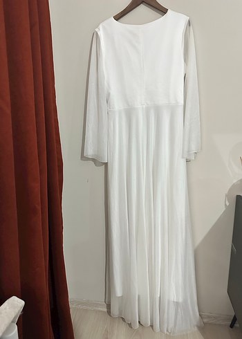 Uzun Kollu Beyaz Drapeli V Yaka Kadın Elbise - Görsel 2
