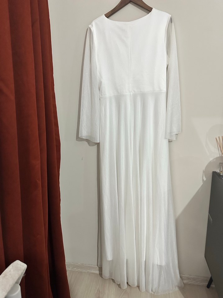 Uzun Kollu Beyaz Drapeli V Yaka Kadın Elbise - Görsel 2