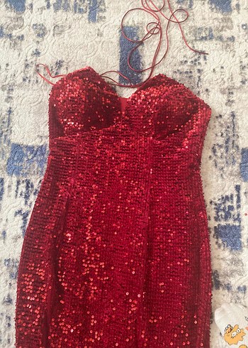 Parlak Bordo Uzun Straplez Kadın Abiye - Görsel 7