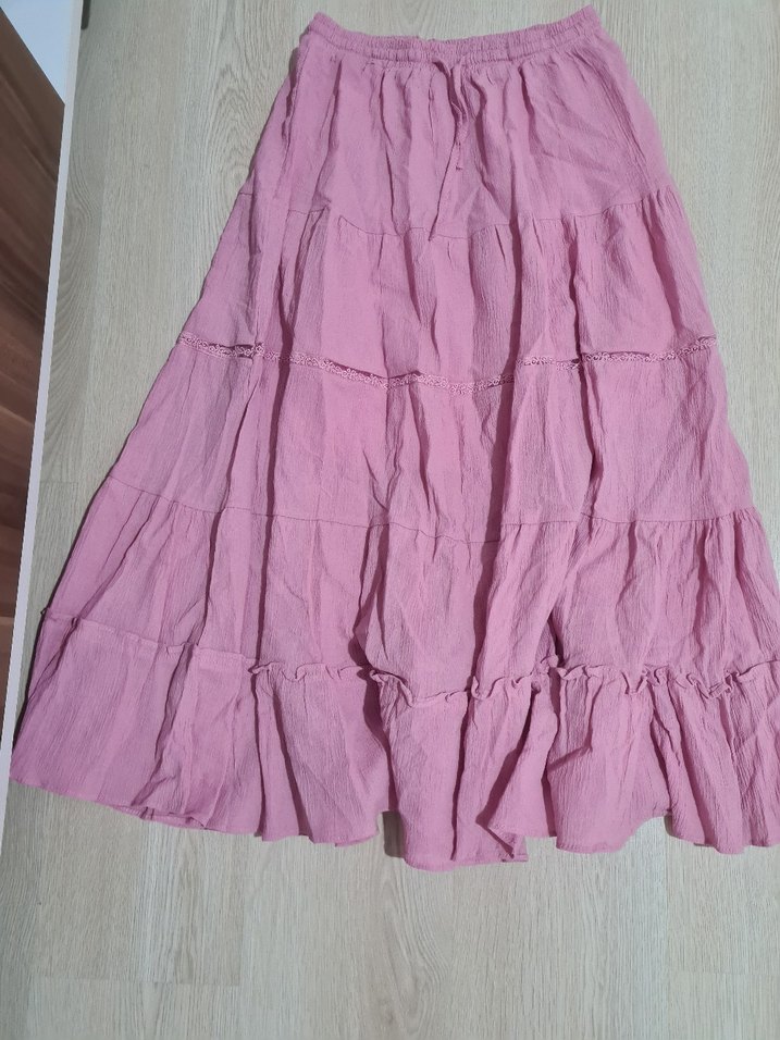 Pembe Keten Uzun Fırfırlı Etek - Görsel 4