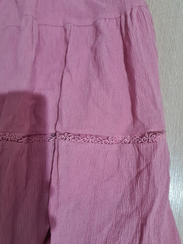 Pembe Keten Uzun Fırfırlı Etek - Görsel 5