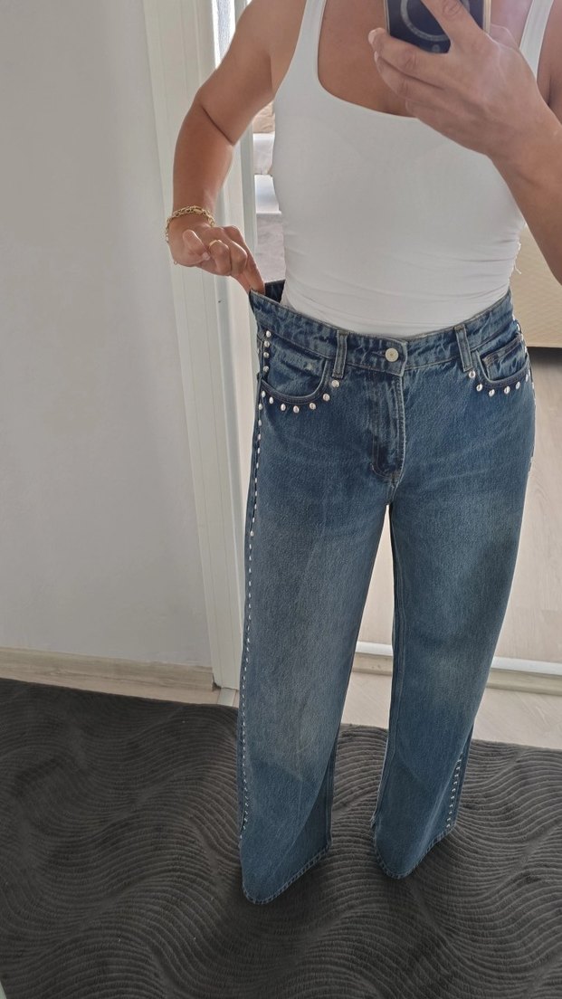 Düğmeli Bol Kesim Midi Kot Pantolon - Görsel 5