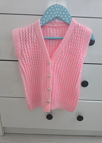 Kızlar için Pembe Triko Kolsuz Süveter - Görsel 4