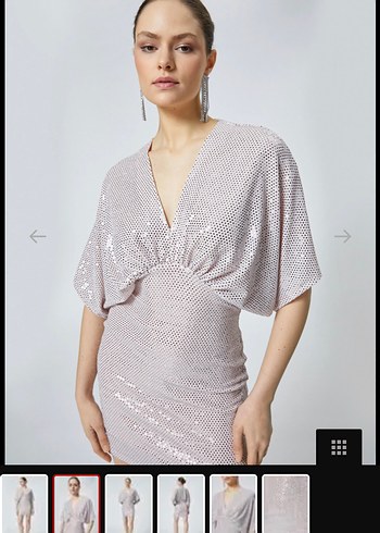 Pudra Parlak Mini Drapeli V Yaka Elbise - Görsel 2