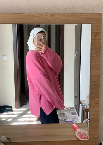 Pembe Yüksek Yaka Salaş Kadın Kazak - Görsel 4