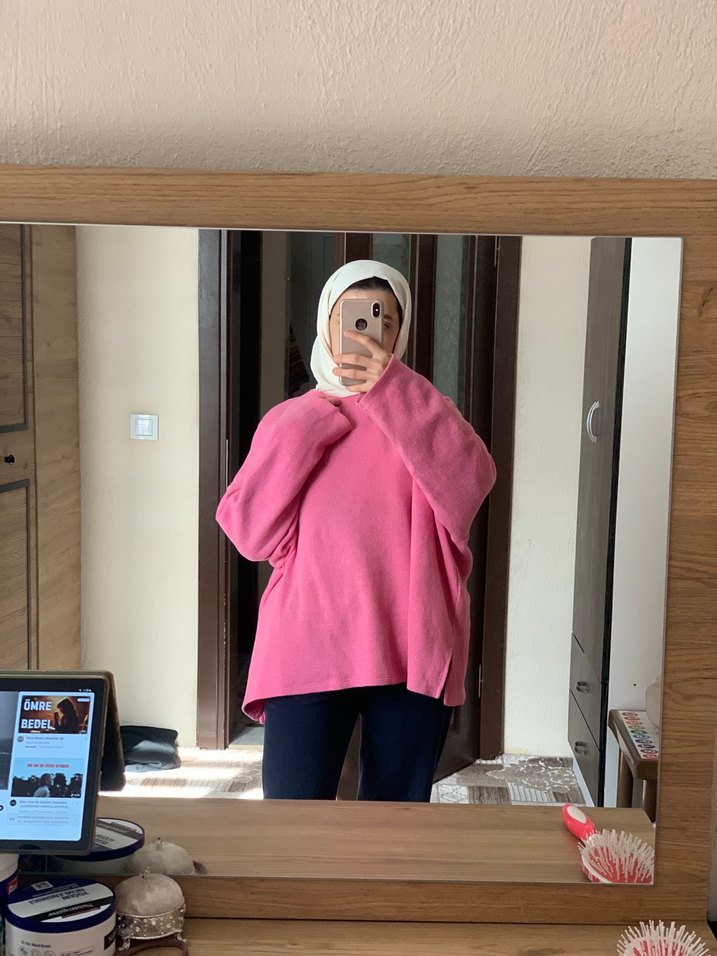 Pembe Yüksek Yaka Salaş Kadın Kazak - Görsel 3