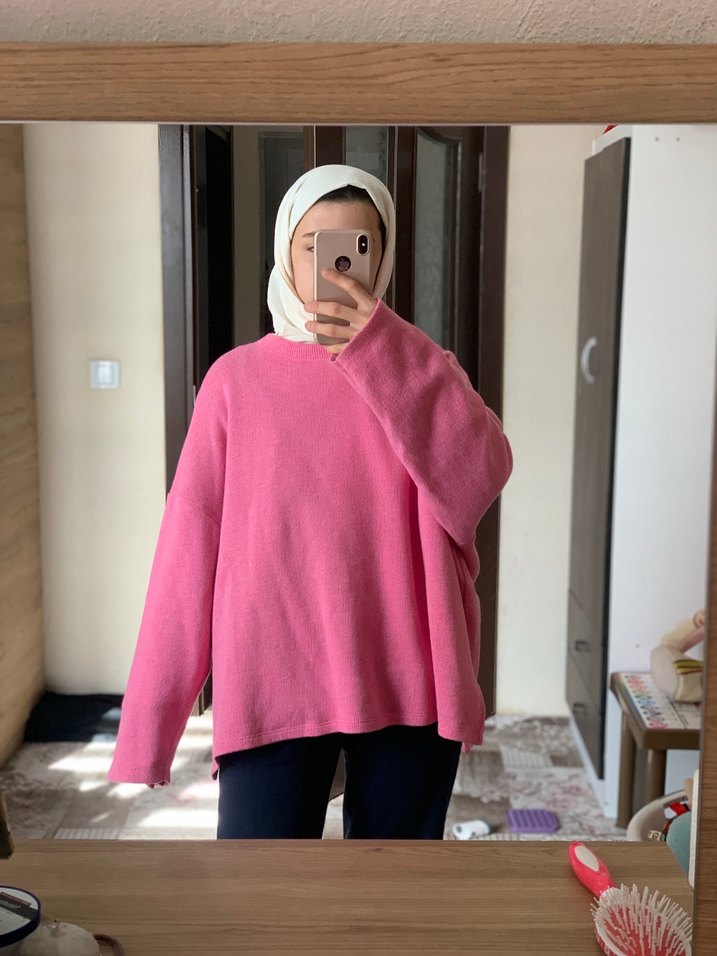 Pembe Yüksek Yaka Salaş Kadın Kazak - Görsel 5