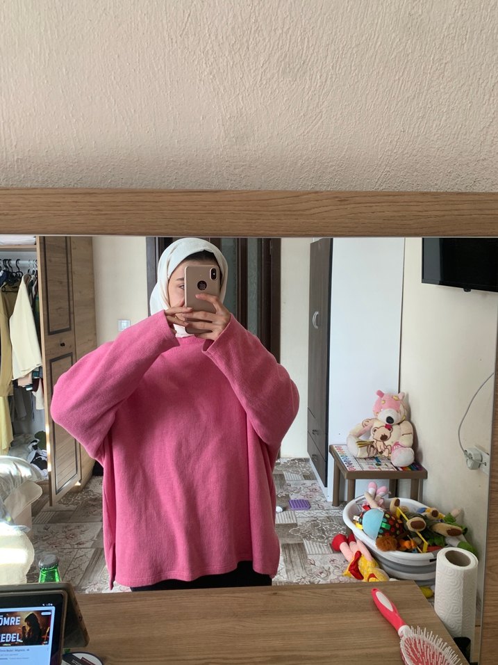 Pembe Yüksek Yaka Salaş Kadın Kazak - Görsel 2