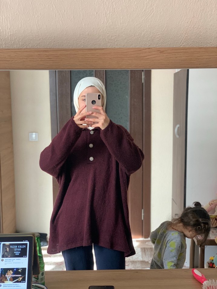 Bordo Yünlü Yüksek Yaka Kadın Kazak - Görsel 3