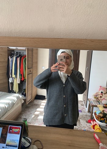 Gri Yüksek Yakalı Midi Kadın Hırka - Görsel 2