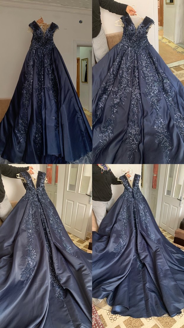 Uzun Lacivert Straplez Nakışlı Gotik Abiye - Görsel 2