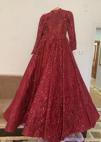 Bordo Payetli Uzun Kollu V Yaka Abiye Elbise - Görsel 5