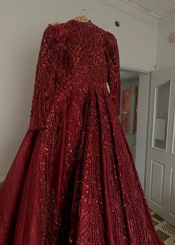 Bordo Payetli Uzun Kollu V Yaka Abiye Elbise - Görsel 2