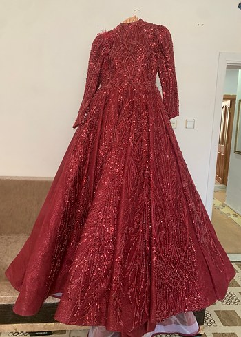 Bordo Payetli Uzun Kollu V Yaka Abiye Elbise - Görsel 4