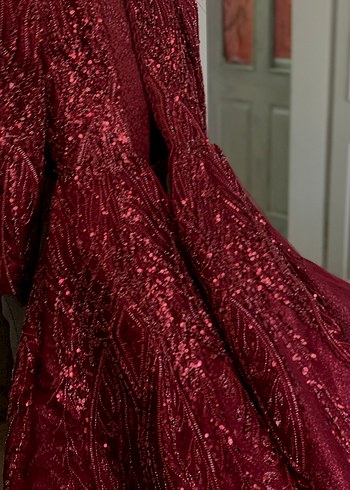 Bordo Payetli Uzun Kollu V Yaka Abiye Elbise - Görsel 3