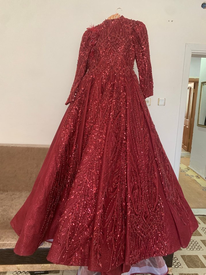 Bordo Payetli Uzun Kollu V Yaka Abiye Elbise - Görsel 5