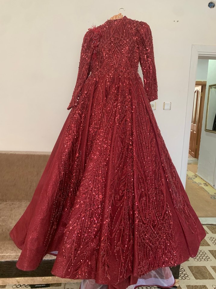 Bordo Payetli Uzun Kollu V Yaka Abiye Elbise - Görsel 4