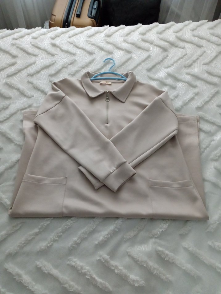 Bej Rengi Kadın Scuba kumaş tunik ve pantolon - Görsel 3