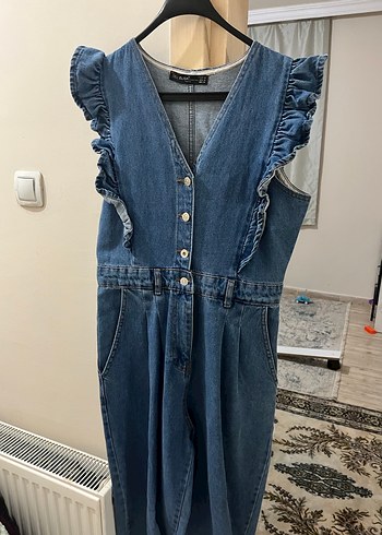 Fırfırlı Kadın Denim Midi Tulum - Görsel 2