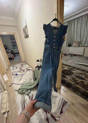 Fırfırlı Kadın Denim Midi Tulum - Görsel 4