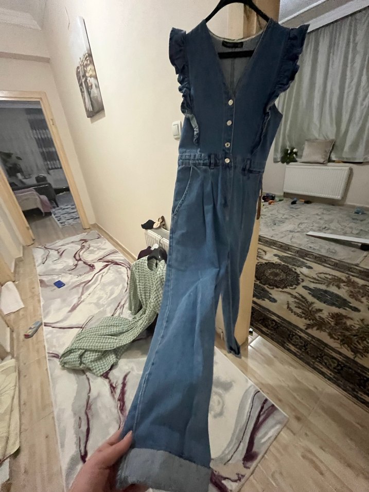 Fırfırlı Kadın Denim Midi Tulum - Görsel 3