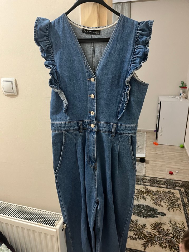 Fırfırlı Kadın Denim Midi Tulum - Görsel 5