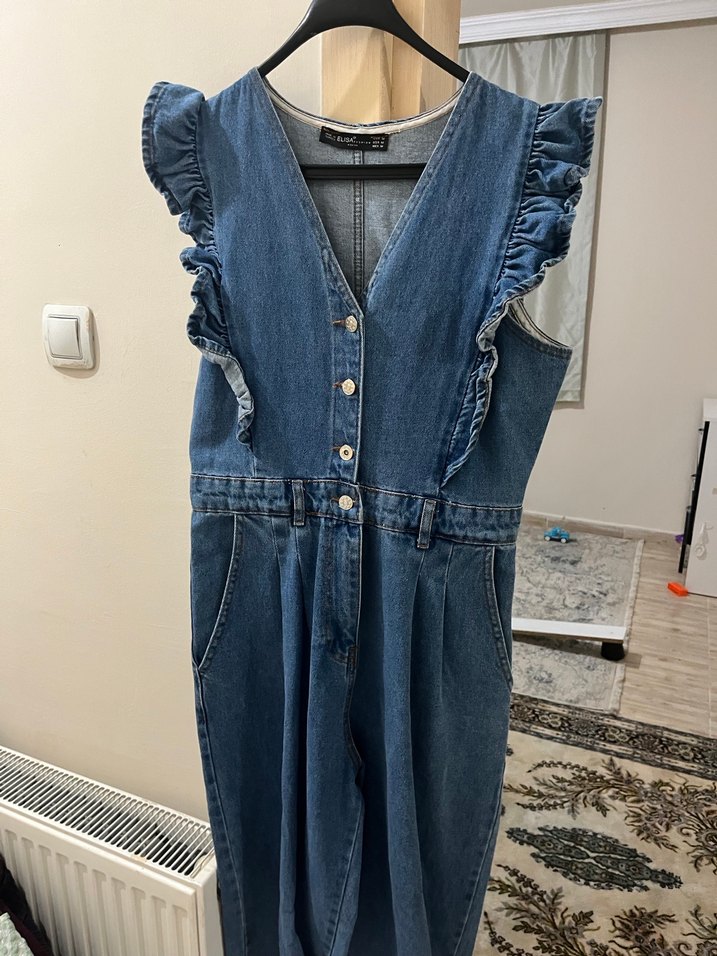 Fırfırlı Kadın Denim Midi Tulum - Görsel 2