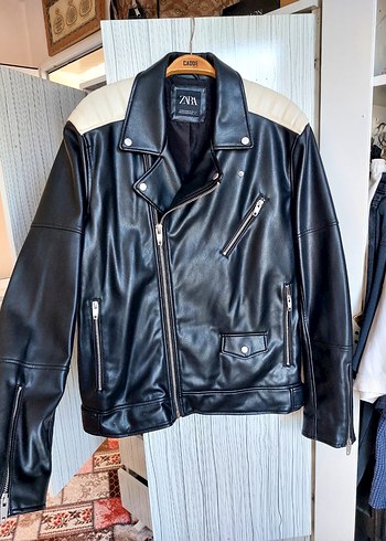 Siyah Beyaz ZARA Deri Biker Ceket