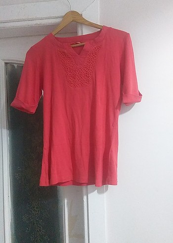 Pembe V Yaka Kısa Kollu Keten Bluz - Görsel 2