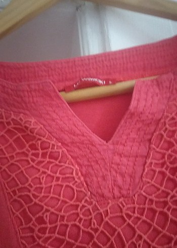 Pembe V Yaka Kısa Kollu Keten Bluz - Görsel 5