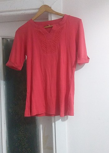 Pembe V Yaka Kısa Kollu Keten Bluz - Görsel 4