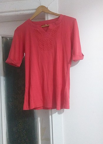 Pembe V Yaka Kısa Kollu Keten Bluz - Görsel 3