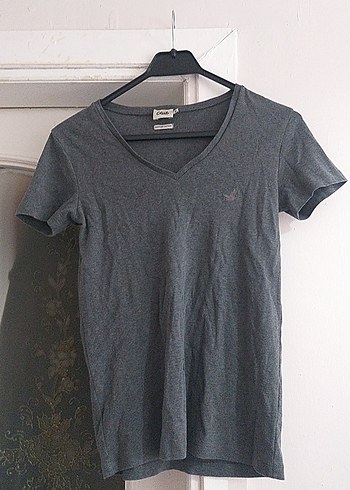 Gri V Yaka Kadın Tişört - Görsel 3