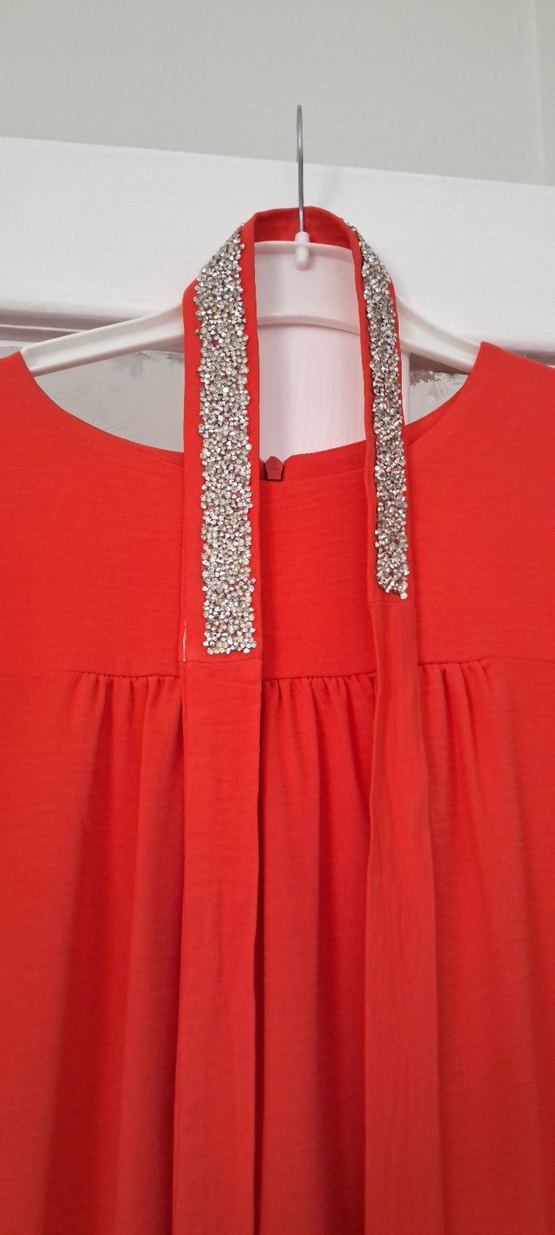 Nar çiçeği Uzun Kesim Drapeli Abiye Elbise - Görsel 4