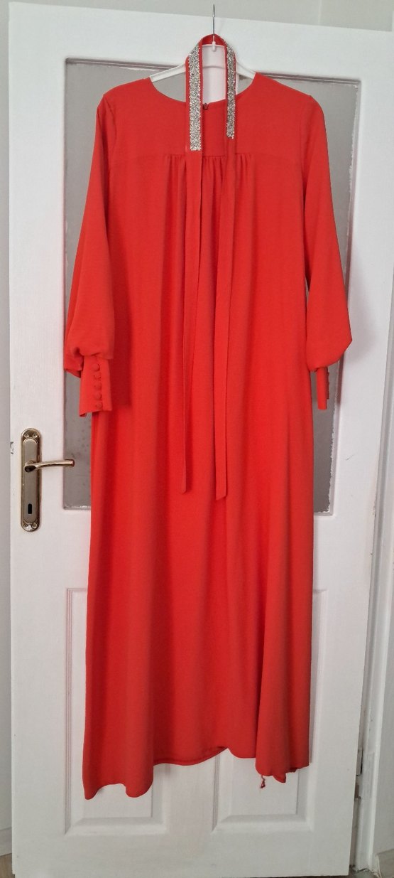 Nar çiçeği Uzun Kesim Drapeli Abiye Elbise - Görsel 2