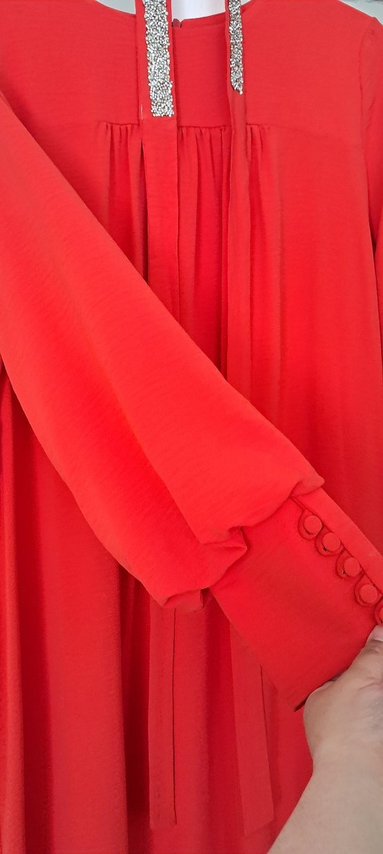 Nar çiçeği Uzun Kesim Drapeli Abiye Elbise - Görsel 5