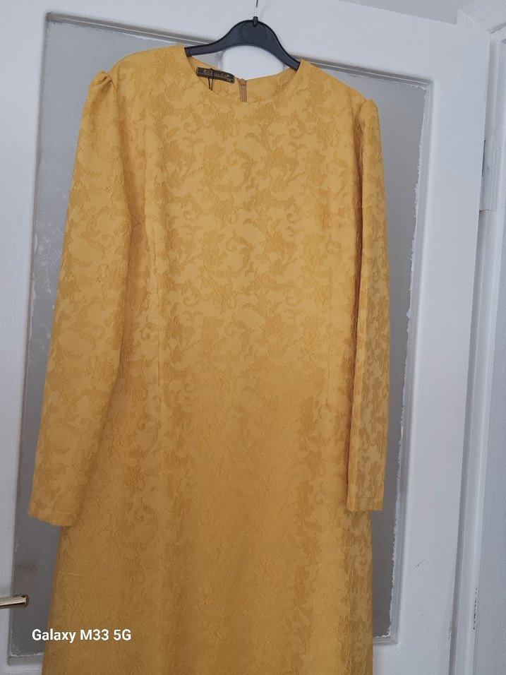 Sarı Uzun Kollu Drapeli Kadın Elbise - Görsel 2