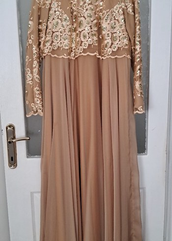 Bej Uzun Kollu İşlemeli Uzun Abiye - Görsel 7