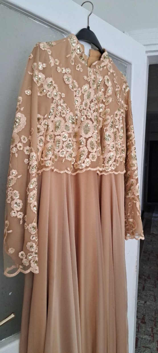 Bej Uzun Kollu İşlemeli Uzun Abiye - Görsel 5