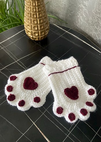 Beyaz Örgü Parmaksız patili eldiven  Eldivenler - Görsel 3