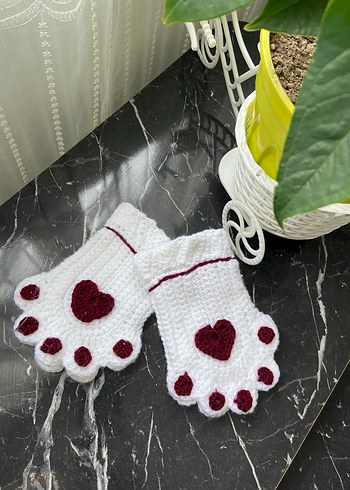 Beyaz Örgü Parmaksız patili eldiven  Eldivenler - Görsel 8