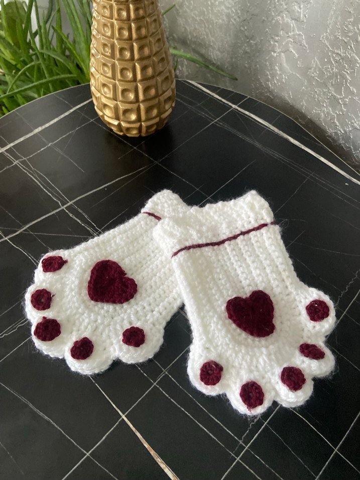 Beyaz Örgü Parmaksız patili eldiven  Eldivenler - Görsel 3