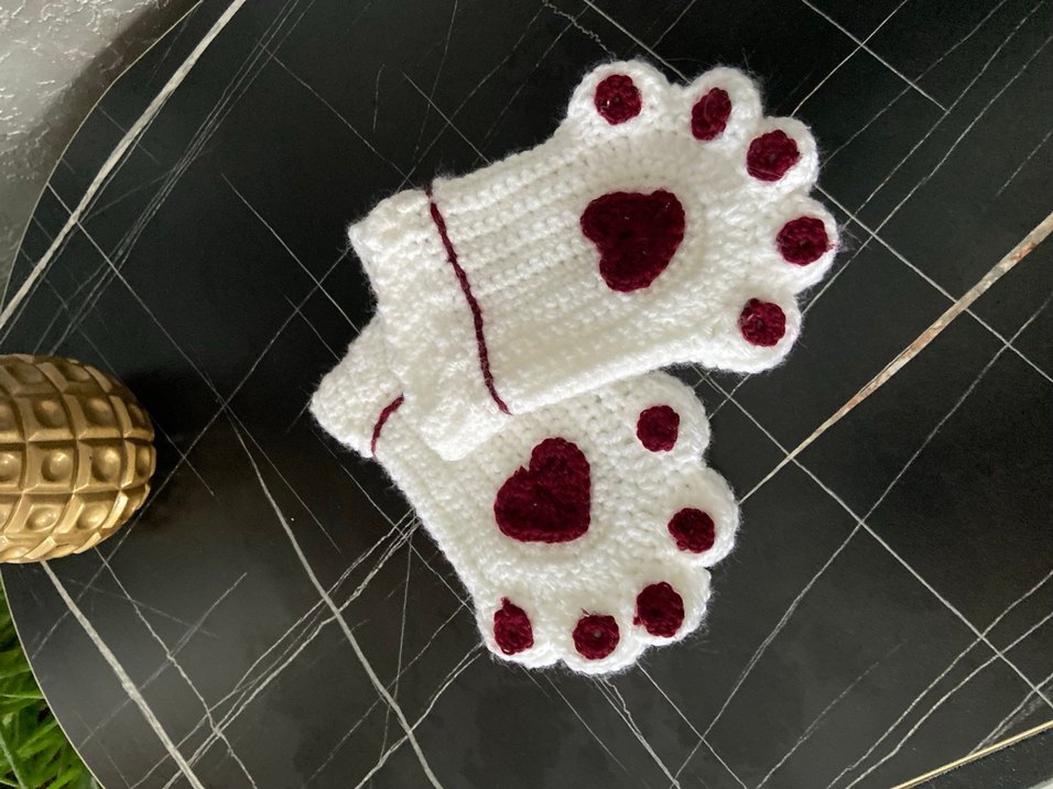 Beyaz Örgü Parmaksız patili eldiven  Eldivenler - Görsel 4